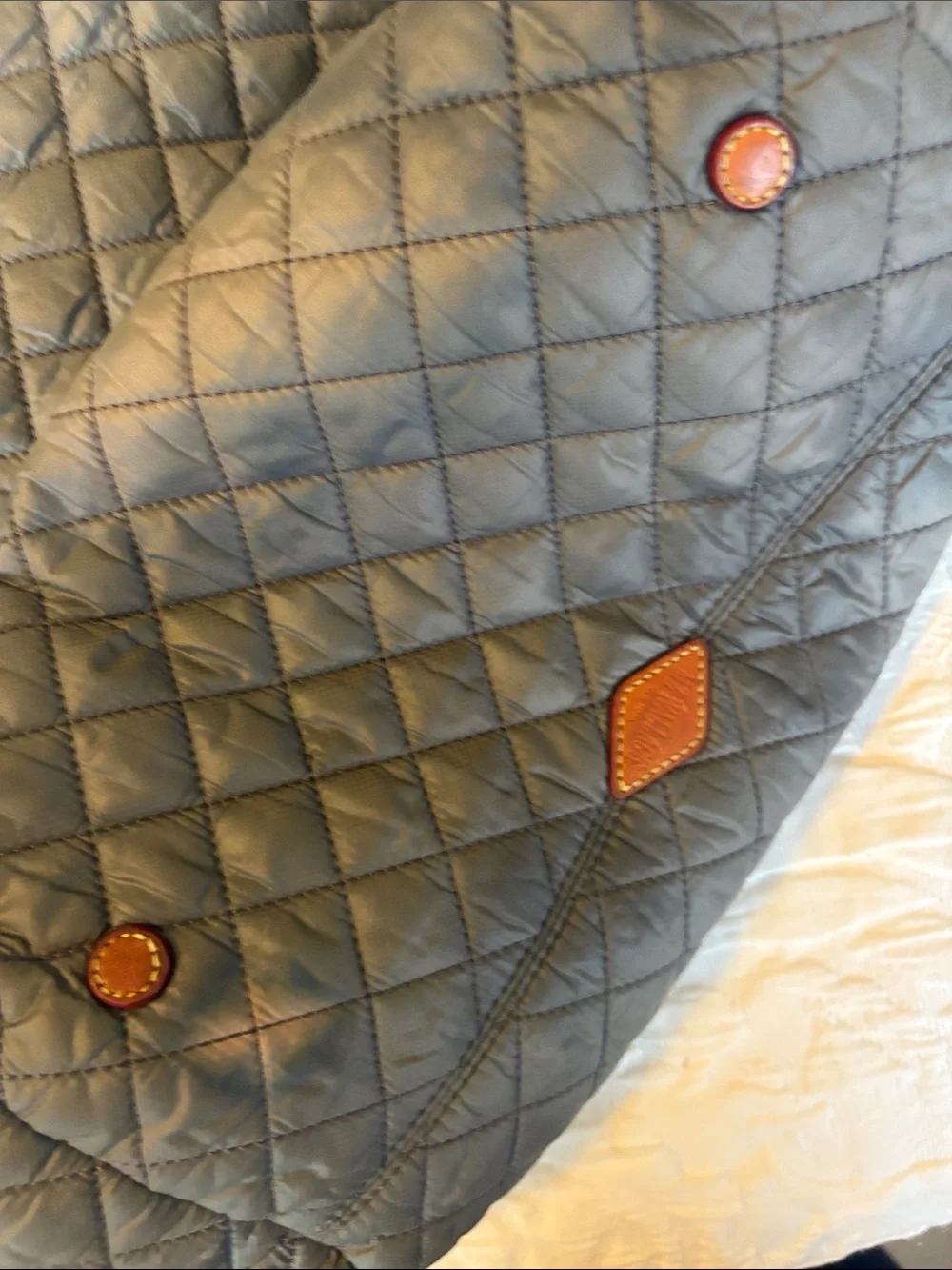 MZ Wallace Quilted Tote in Olive Gray with Tan Trim